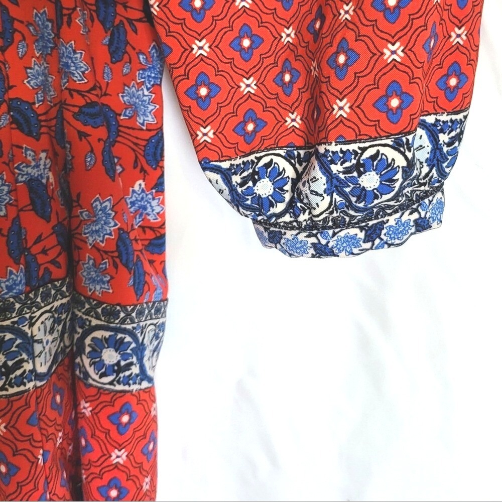 Loft Women Orange Blue Floral Boho Long Puff Sleeve Tie Waist Dress Small Petite - Picture 4 of 11